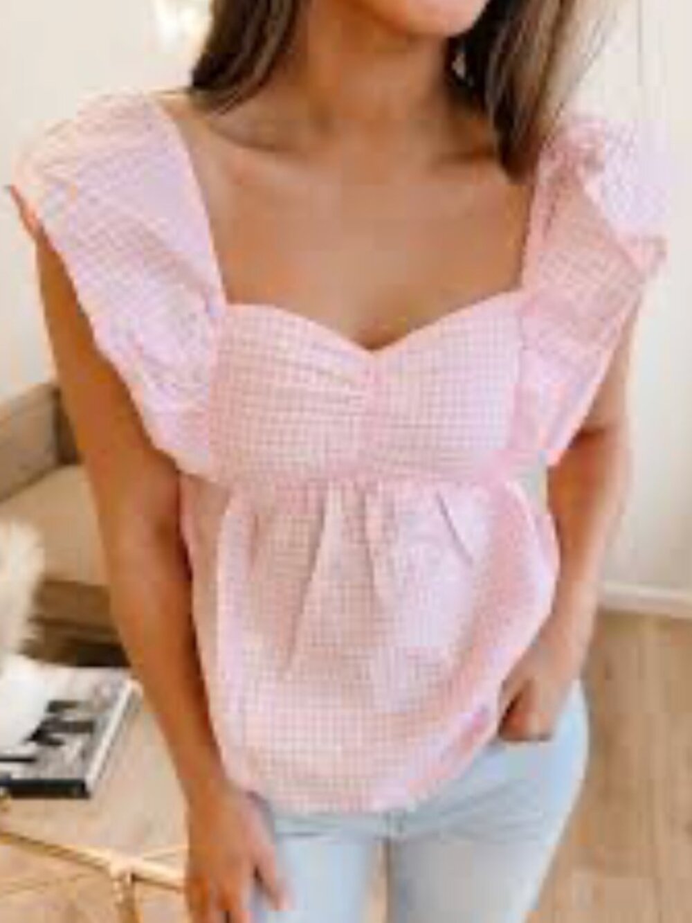 Very J Pink Gingham Ruffle Bow Babydoll Top, size Small, NWT